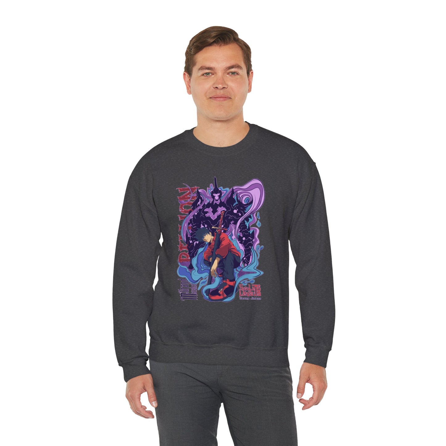 Sung Drip-Woo Unisex Heavy Blend Crewneck Sweatshirt | Shadow Monarch Anime-Inspired Streetwear Graphic Pullover | Funny Anime