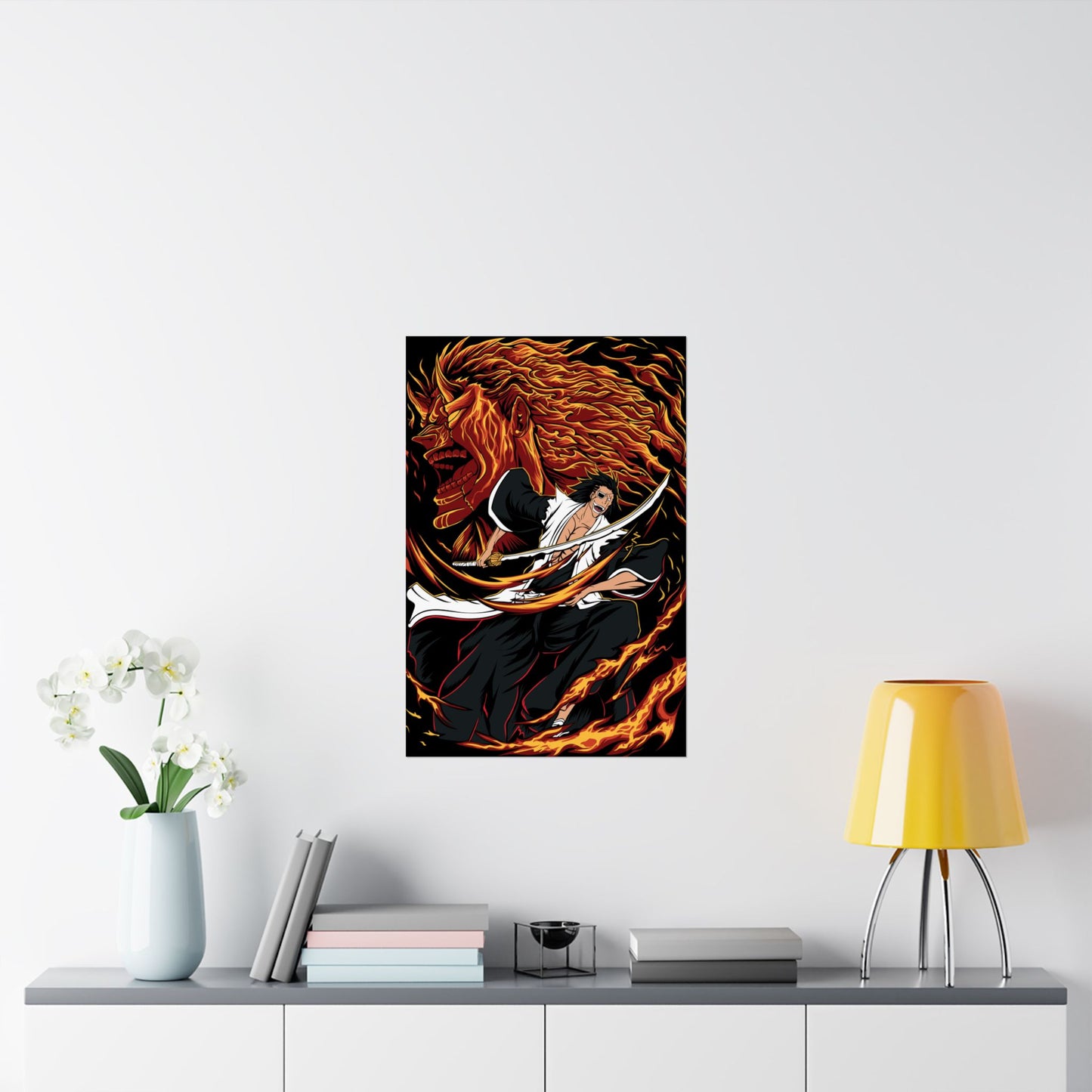 Genryūsai Yamamoto Flame Bankai Matte Vertical Poster | Bleach Anime Wall Art