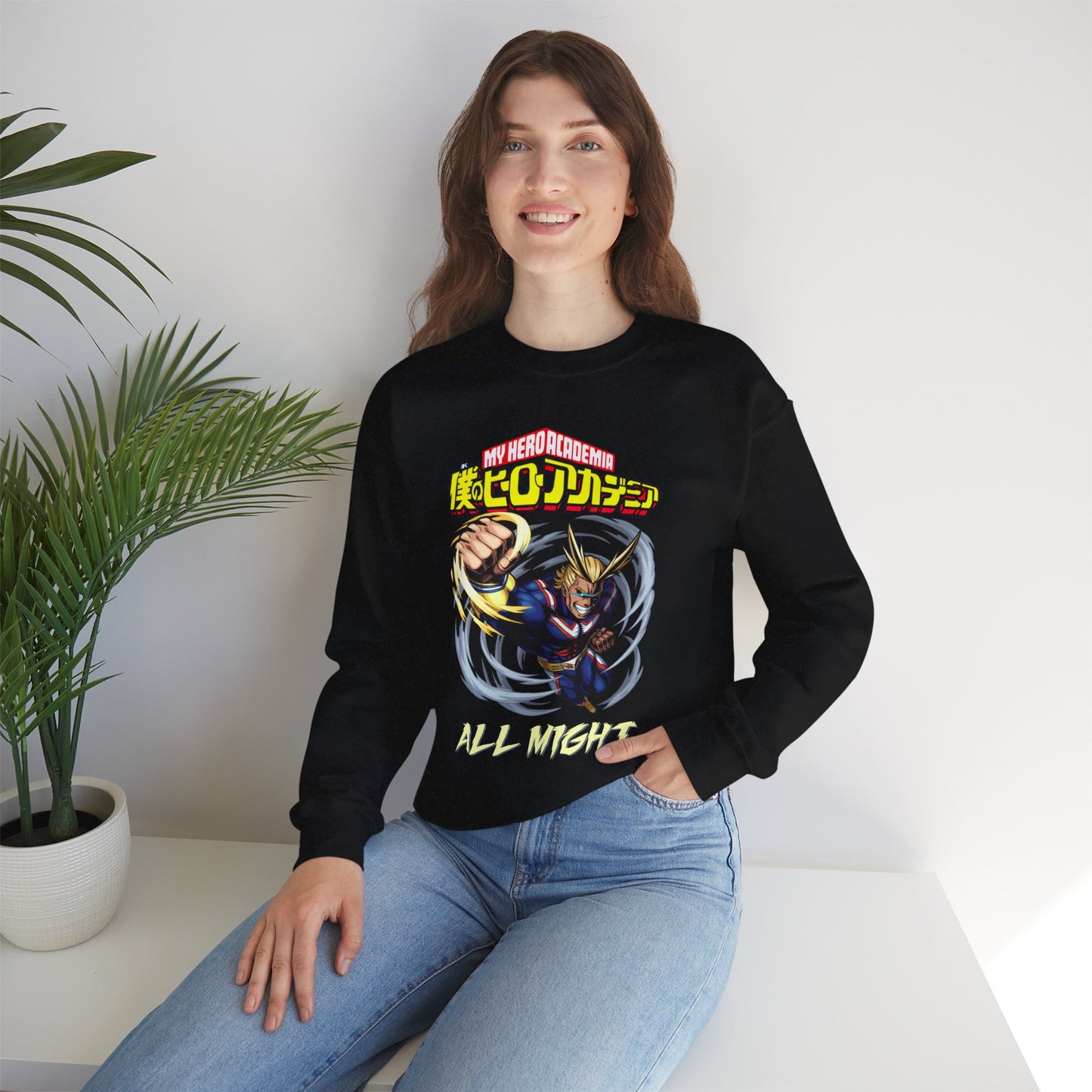 All Might Crewneck Sweatshirt | Anime-Inspired Graphic Sweater | Symbol of Peace Streetwear | Otaku Manga Unisex Pullover