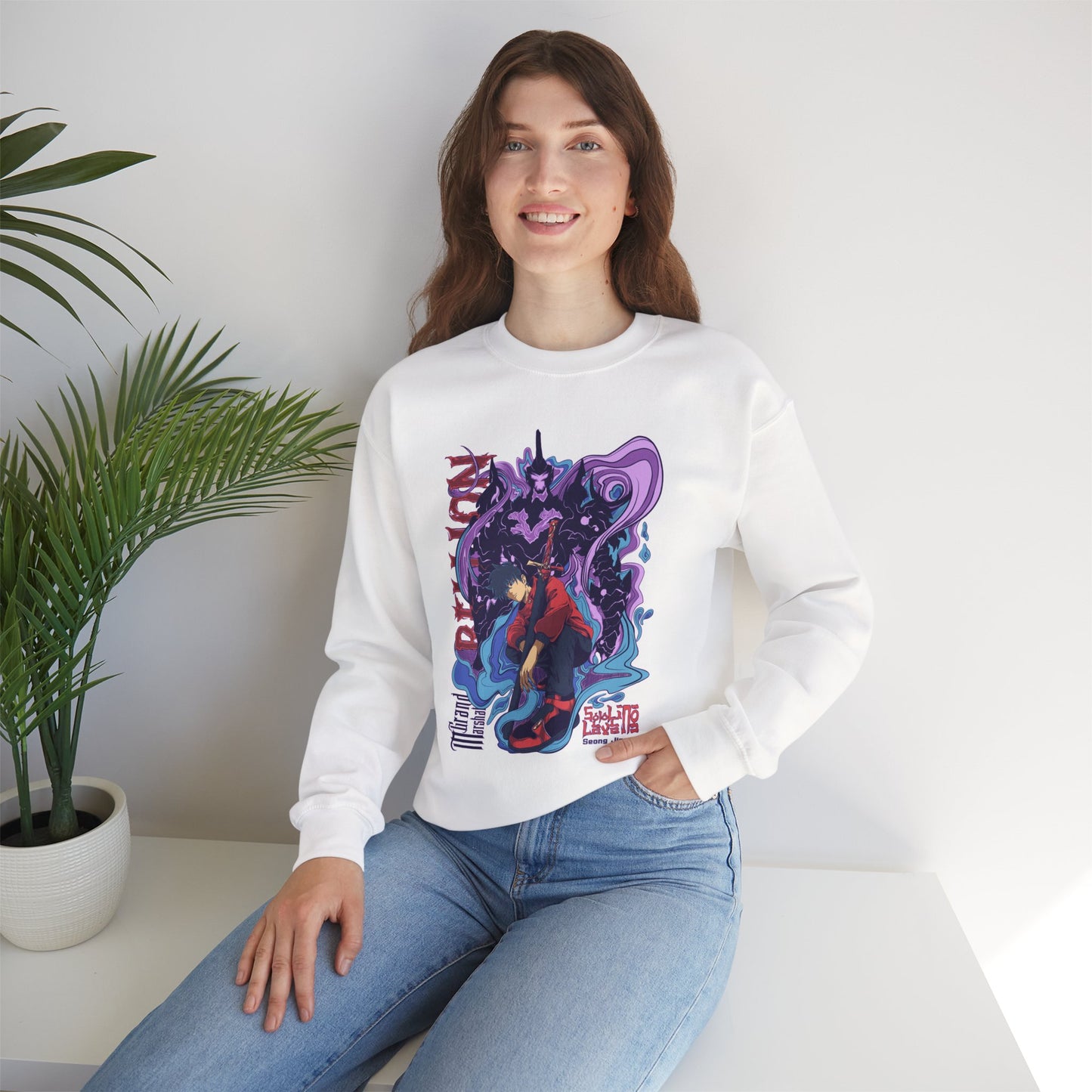 Sung Drip-Woo Unisex Heavy Blend Crewneck Sweatshirt | Shadow Monarch Anime-Inspired Streetwear Graphic Pullover | Funny Anime