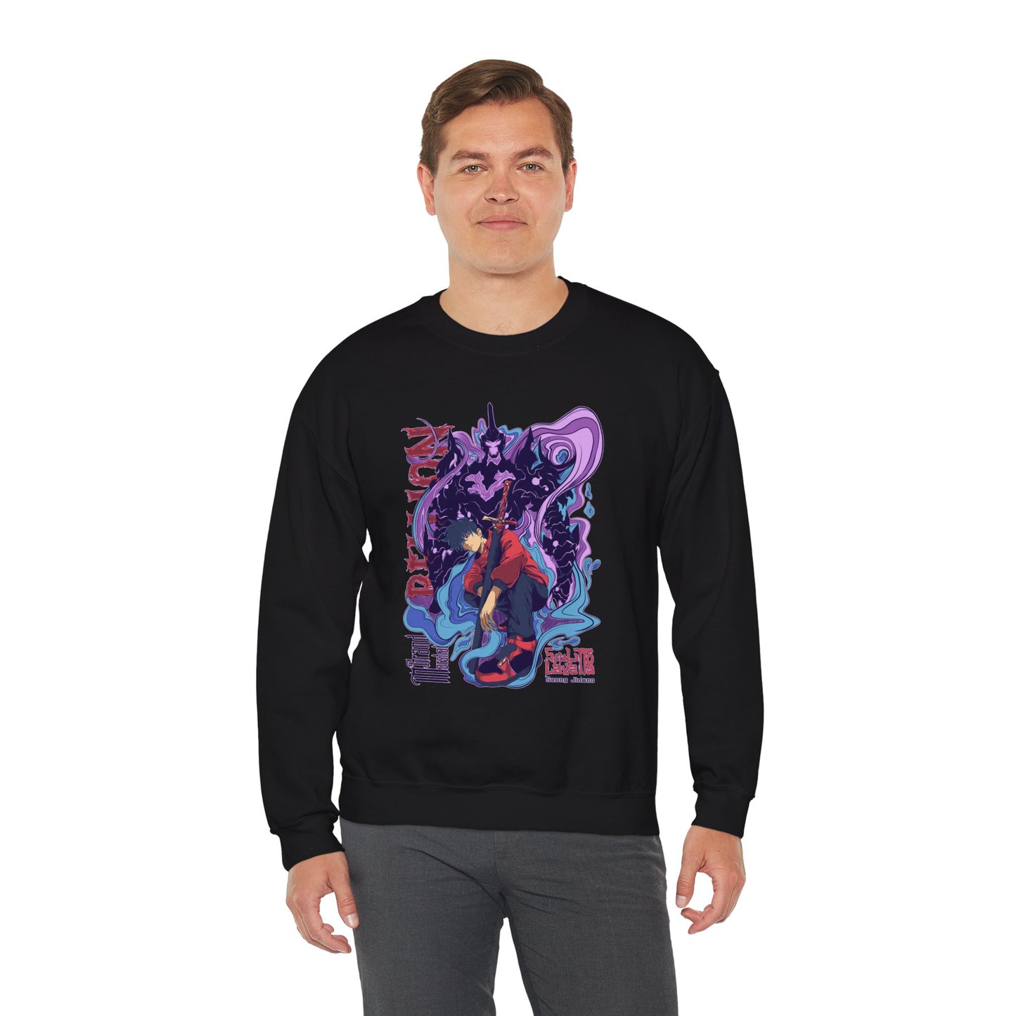 Sung Drip-Woo Unisex Heavy Blend Crewneck Sweatshirt | Shadow Monarch Anime-Inspired Streetwear Graphic Pullover | Funny Anime