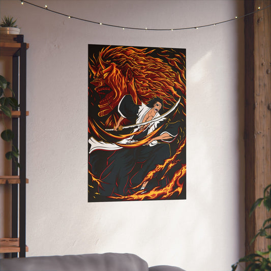 Genryūsai Yamamoto Flame Bankai Matte Vertical Poster | Bleach Anime Wall Art