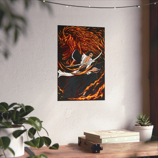 Genryūsai Yamamoto Flame Bankai Matte Vertical Poster | Bleach Anime Wall Art