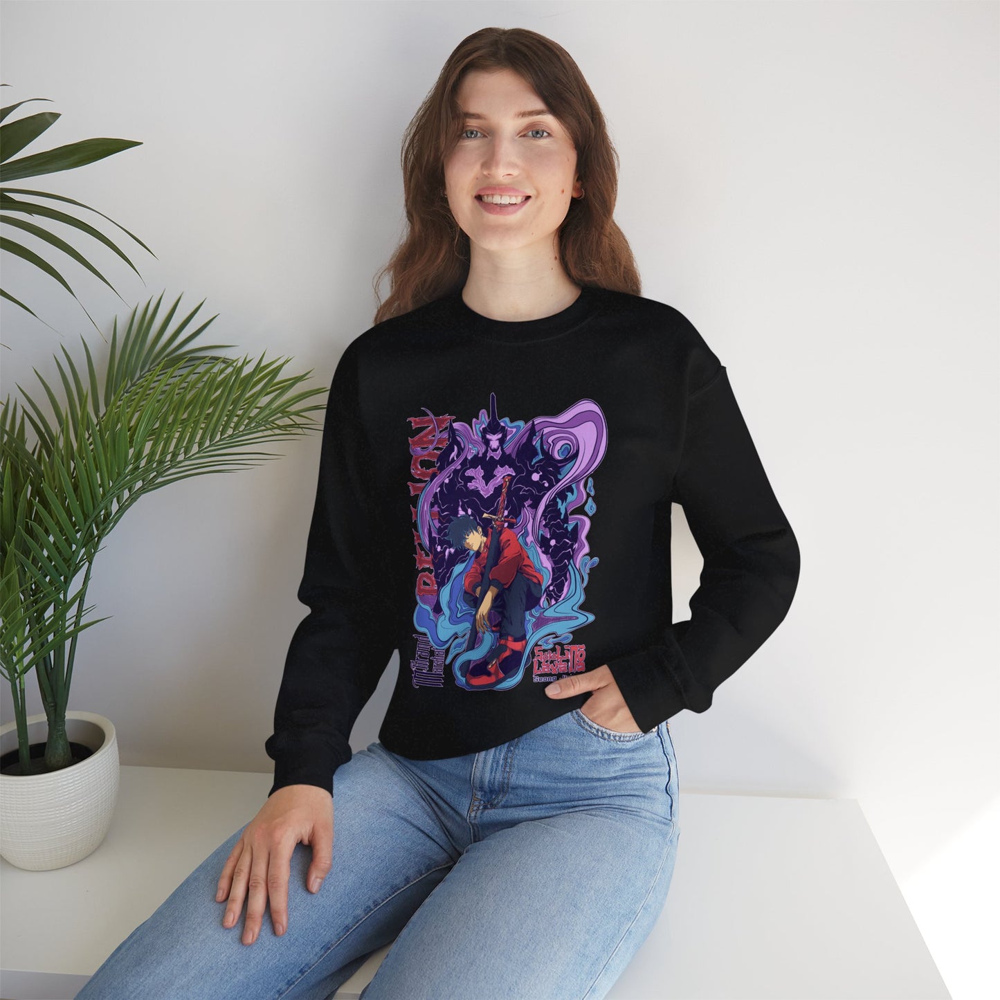 Sung Drip-Woo Unisex Heavy Blend Crewneck Sweatshirt | Shadow Monarch Anime-Inspired Streetwear Graphic Pullover | Funny Anime