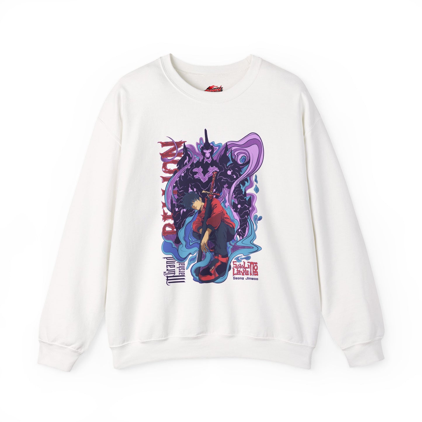 Sung Drip-Woo Unisex Heavy Blend Crewneck Sweatshirt | Shadow Monarch Anime-Inspired Streetwear Graphic Pullover | Funny Anime