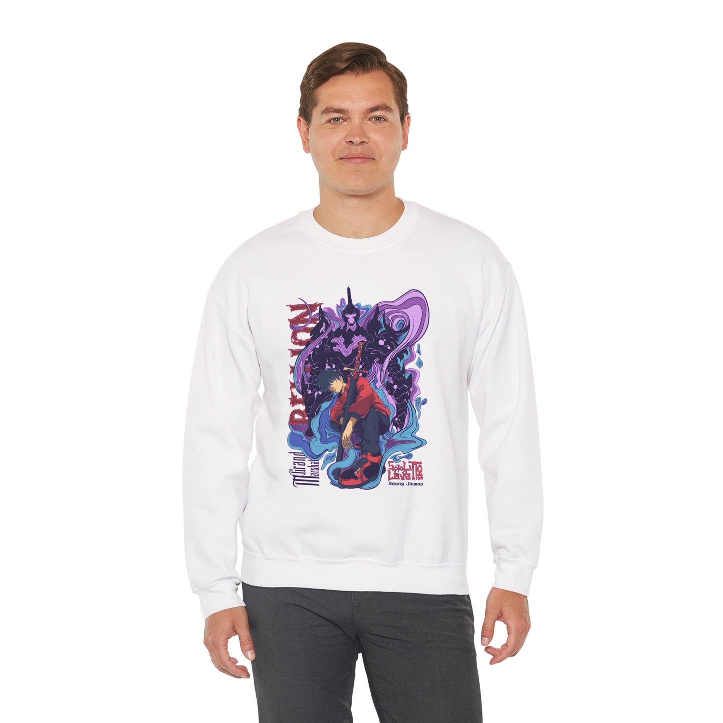 Sung Drip-Woo Unisex Heavy Blend Crewneck Sweatshirt | Shadow Monarch Anime-Inspired Streetwear Graphic Pullover | Funny Anime